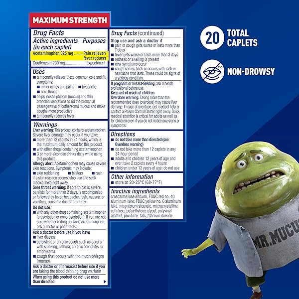 MUCINEX RAPID CLEAR MAXIMUM STRENGTH COLD MEDICINE & EXPECTORANT, FEVER, PAIN, HEADACHE, & EXCESS MUCUS RELIEF WITH ACETAMINOPHEN & GUAIFENESIN, RAPID RELEASE CAPLETS FOR ADULTS, 20 COUNT