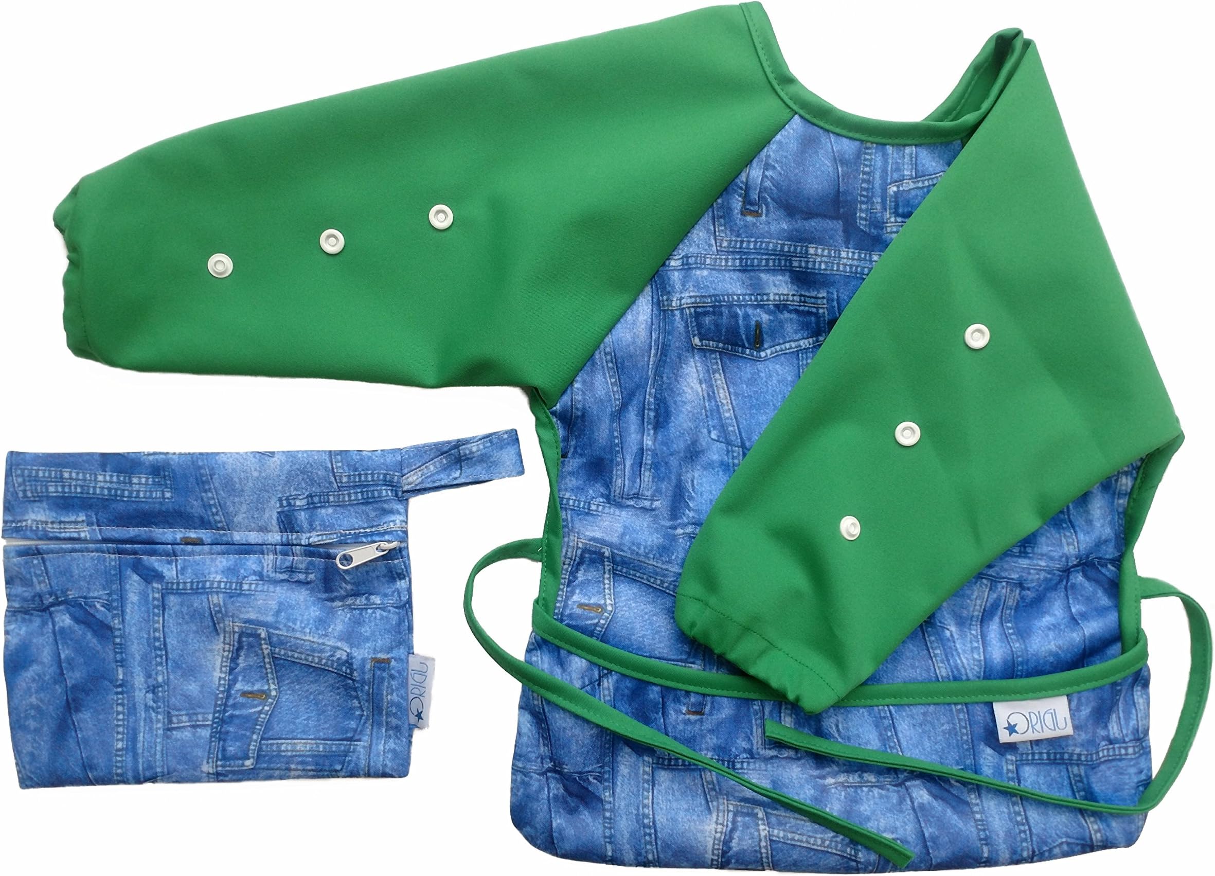 Baby Bib Waterproof Adjustable Long Sleeve Unisex ¦ Great for Toddlers and Infants ¦ Girls and Boys Feeding Weaning and Messy Play Apron with Free Travel Bag & Recipe EBOOK (Small 6-12 Months, Green)