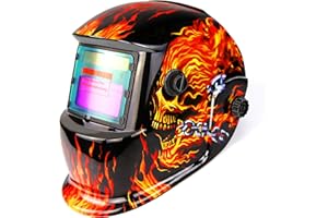 DEKOPRO Welding Helmet Solar Powered Auto Darkening Hood with Adjustable Shade Range 4/9-13 for Mig Tig Arc Welder Mask Shield Flaming Skull Design