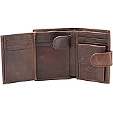 POKOFO Large RFID Genuine Leather Card Holder Trifold Wallet Snap Closure 3 ID Windows for men