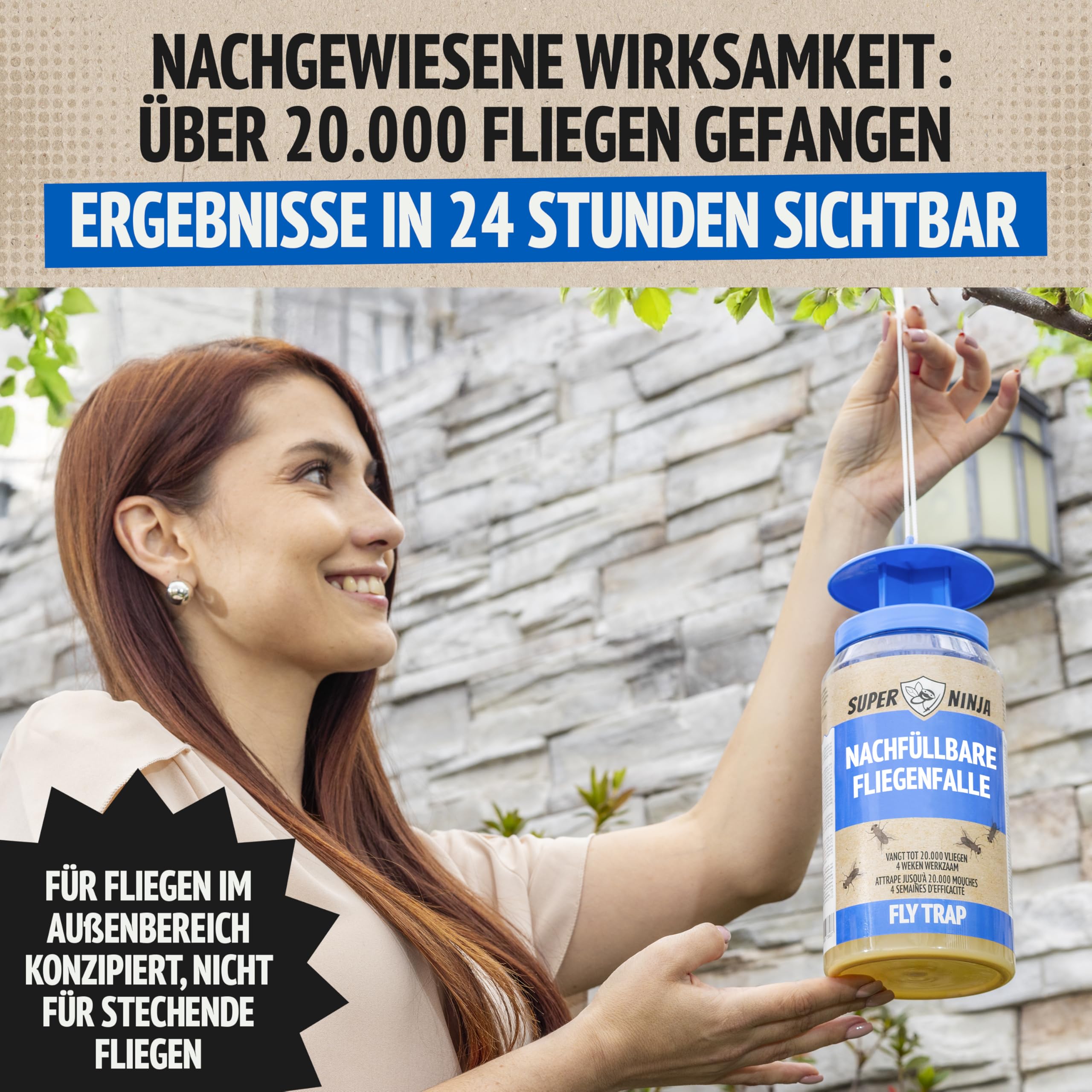 Super Ninja Fliegenfalle Draußen – Wiederverwendbare Fliegenfänger mit nachfüllbarem, Nicht-giftigem Lockstoff, Fängt bis zu 20.000 Fliegen, 4 Wochen Schutz, Mit wasserlöslichem Beutel 3