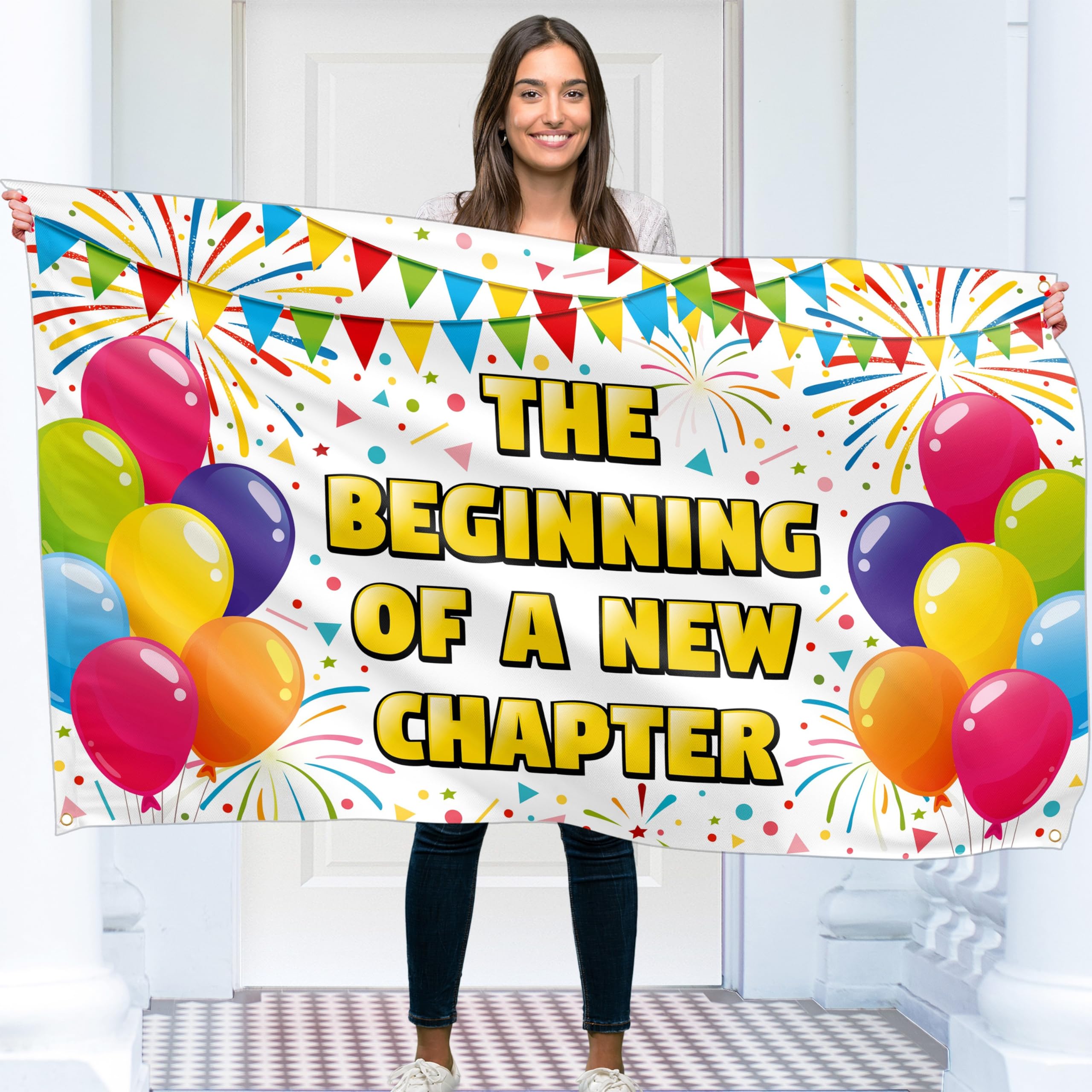 The Beginning of a New Chapter Banner - White Happy Retirement Decorations 5ft x 3ft - Good Luck Farewell Banner