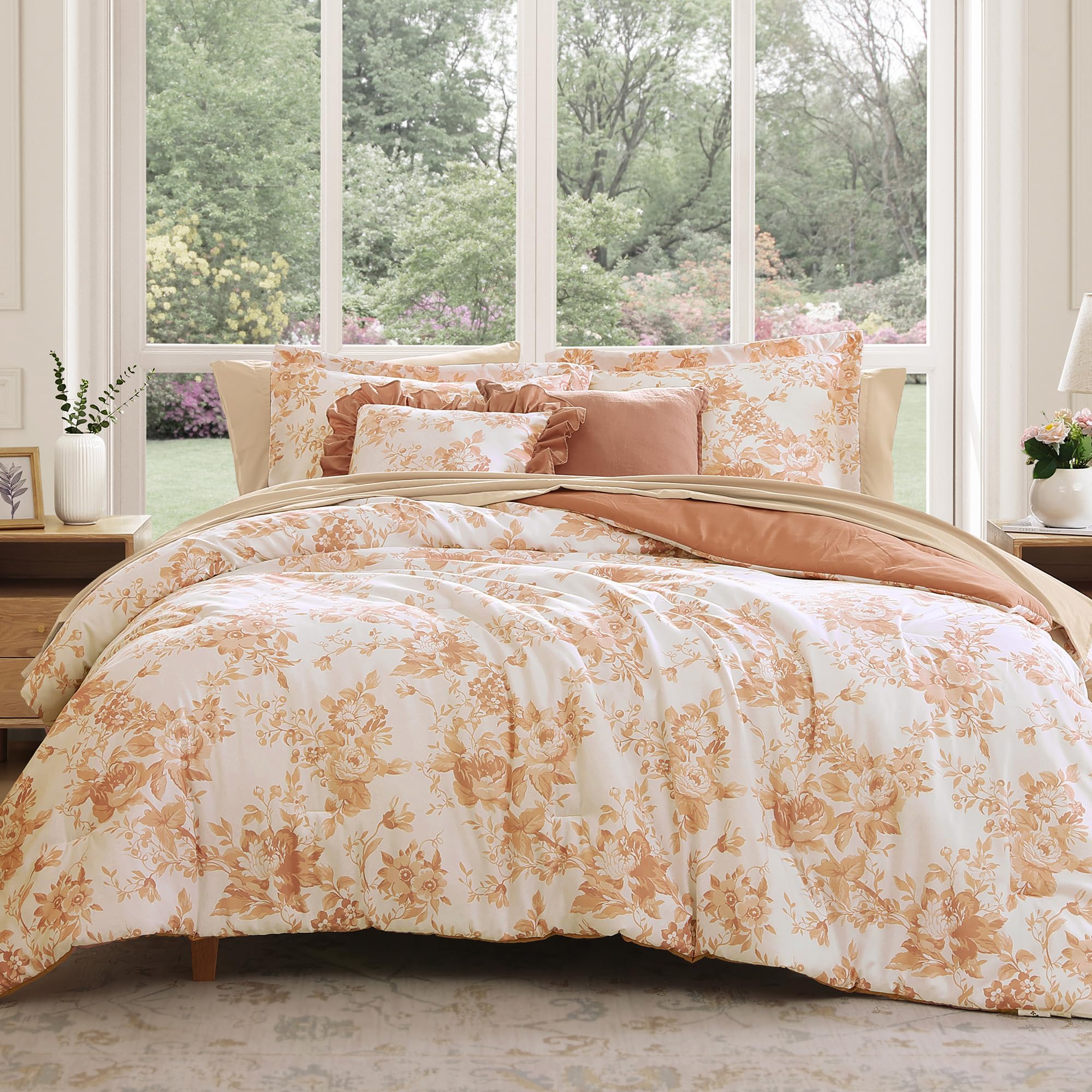 Photo 1 of BLOOMHAVEN Full Comforter Set -7 Pieces Autumn Leaf Floral Comforter Set for All Seasons, Bed in a Bag Full with Botanical Flowers Comforter, Sheets, Pillowcases & Shams