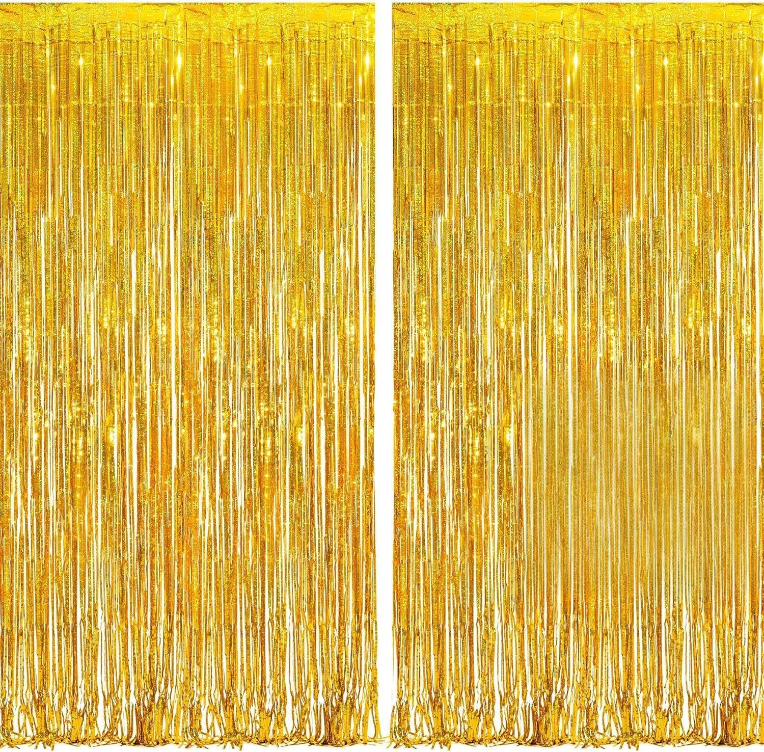 BRAVESHINE Eid Decorations Glitter Gold Foil Fringe Curtain Backdrop Metallic Tinsel Curtains for St Patricks Day Birthday Disco Engegement Wedding Graduation Hawaiian Party Decorations - 2Pcs 1x2.5m