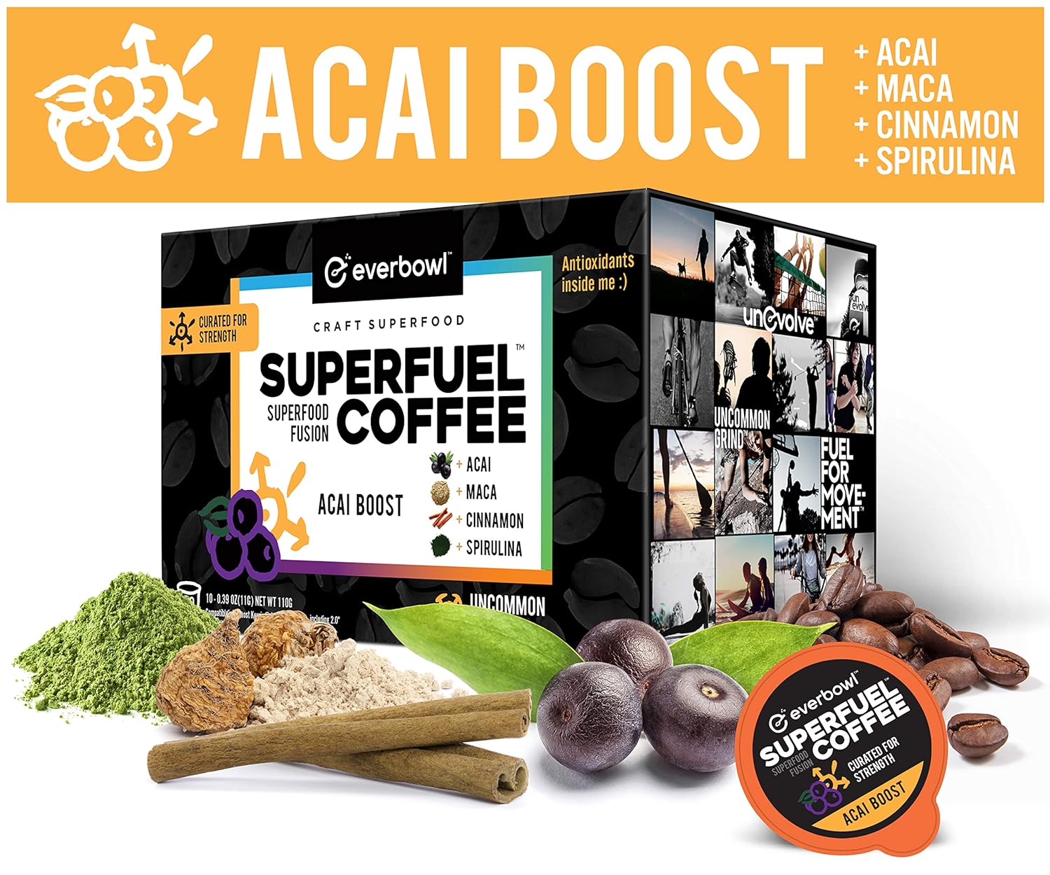 Everbowl Superfuel Coffee - Infused coffee kcups for Keurig brewers, infused with Maca, Cinnamon, Acai, and Spirulina