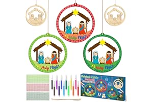 BeYumi Christmas Wooden Ornament Craft - 20Pcs Nativity DIY Wooden Ornaments Craft Kit for Kids Make Your Own Nativity Christian Religious Xmas Craft with Gem Sticker Church Party Decoration Supplies