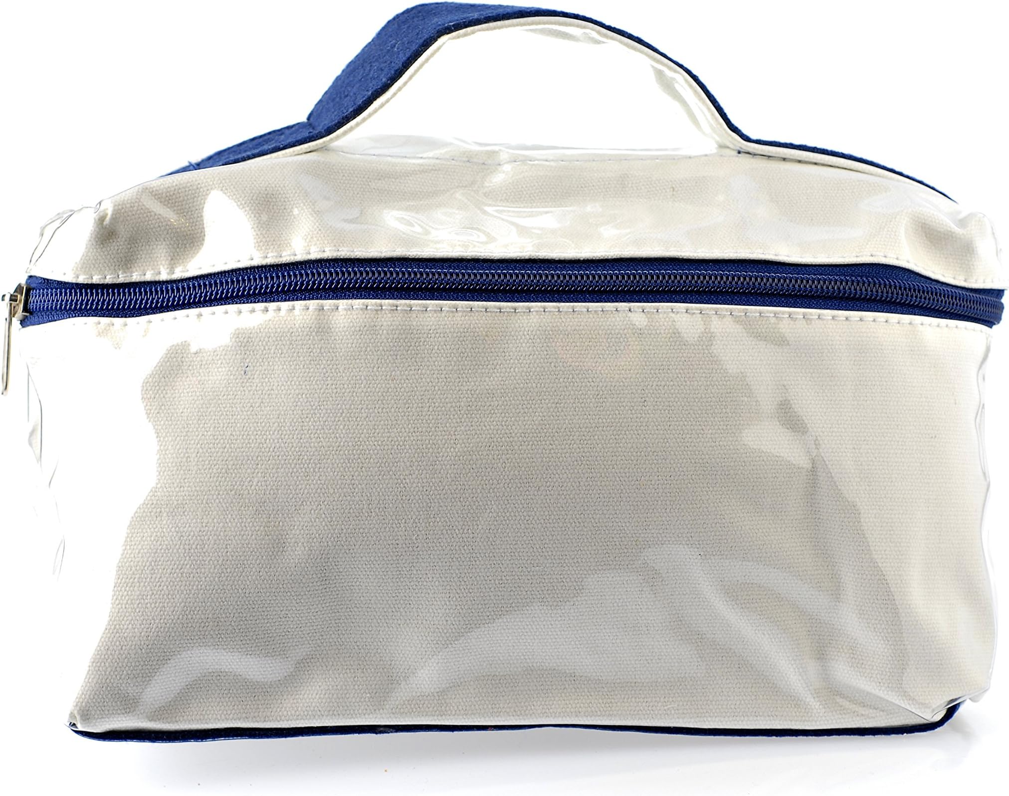 Personalized cosmetic, makeup bag organizer travel toiletry train case with pvc outside, zipper closure, and top handle embroidered with a name and font of your choice (natural with blue trim)