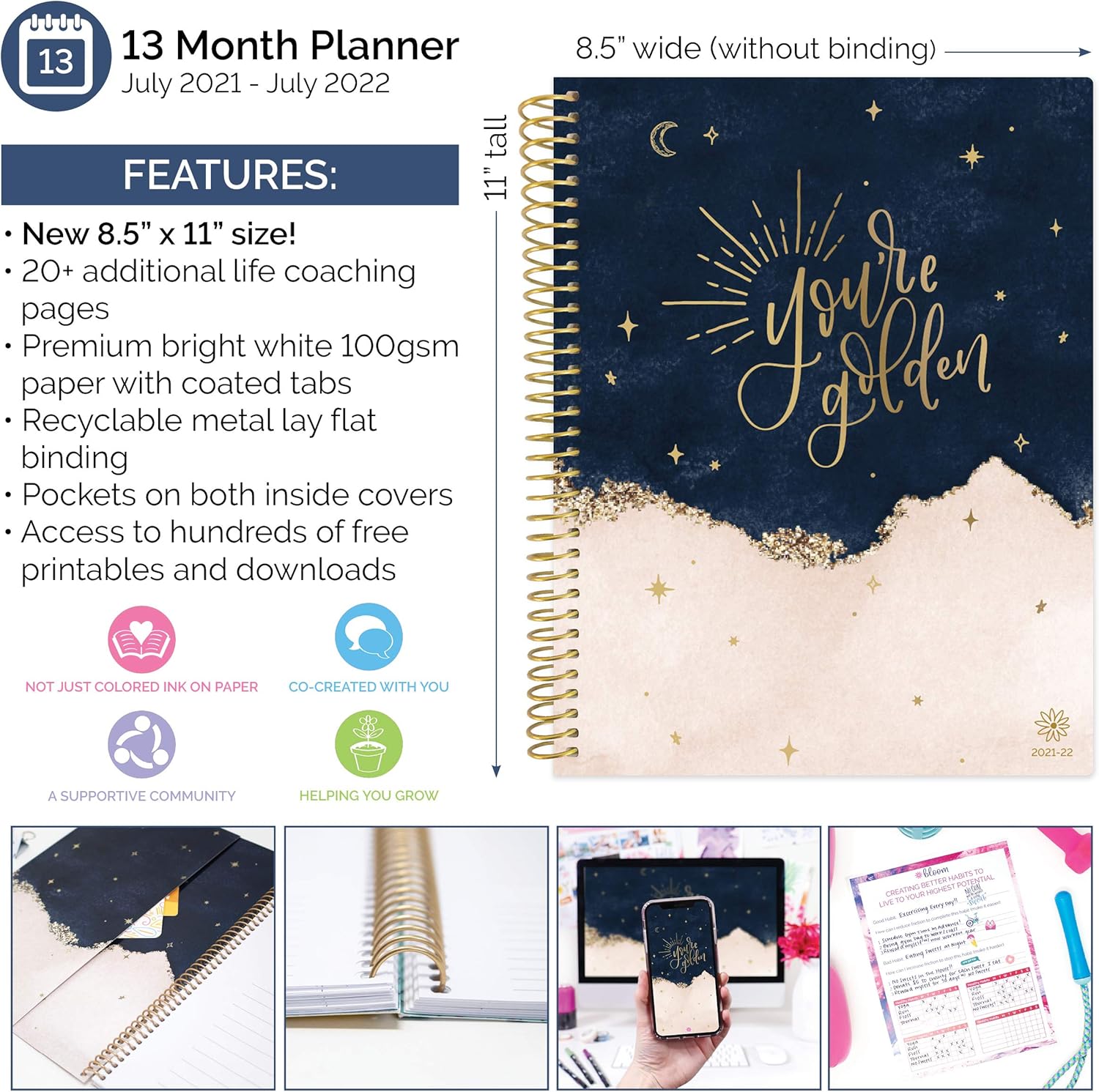 bloom daily planners 2021-2022 (8.5" x 11") Academic Year Day Planner (July 2021 - July 2022) - Weekly/Monthly Dated Agenda Calendar Organizer with Tabs - You're Golden : Office Products