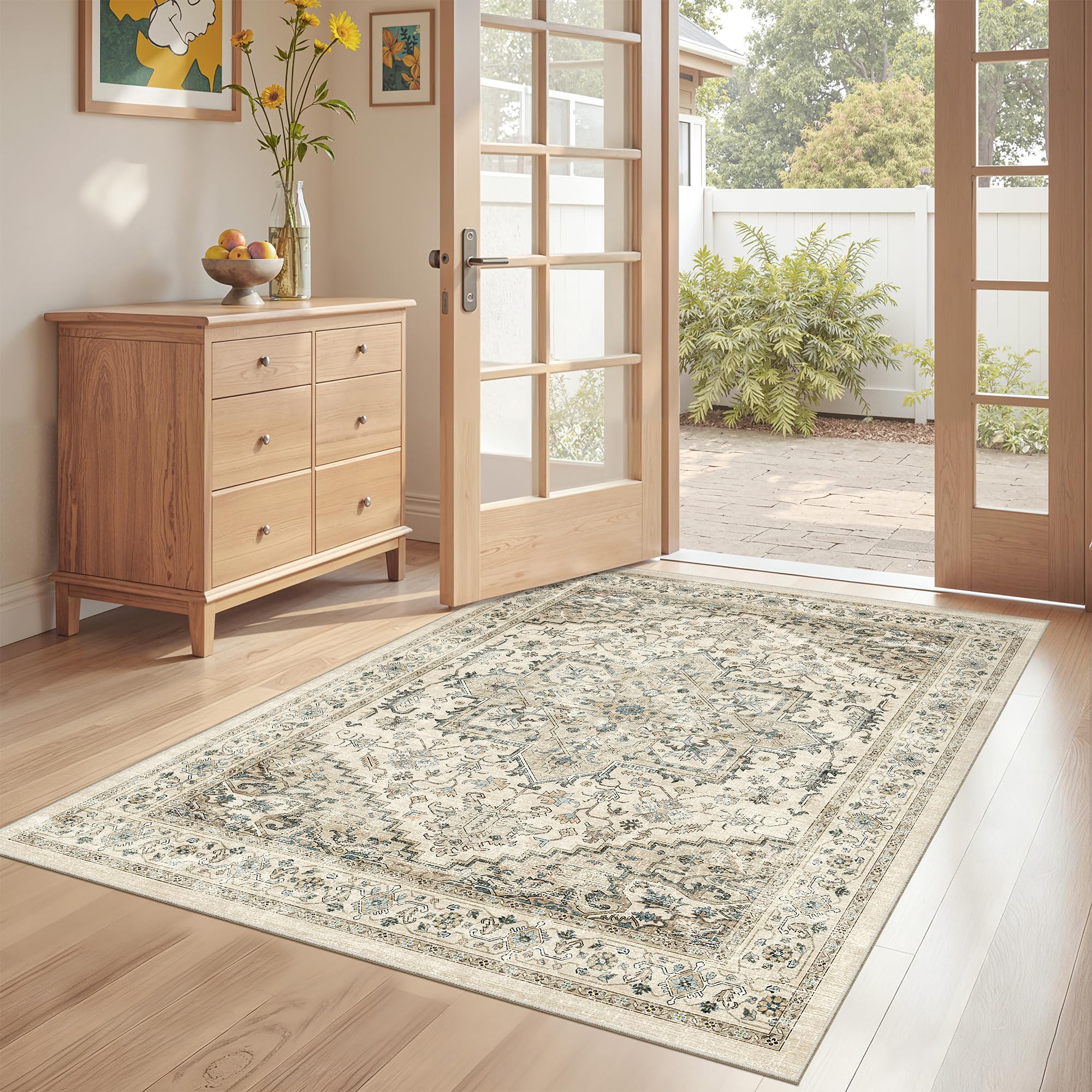 Restydon 3x5 Area Rugs for Entryway, Kitchen Rugs Non Slip Washable for Dining Room, Vintage Floral Soft Living Room Area Rug, Thin Rug Indoor for Bedroom, Kids Room Decor(Brown,3x5) Image