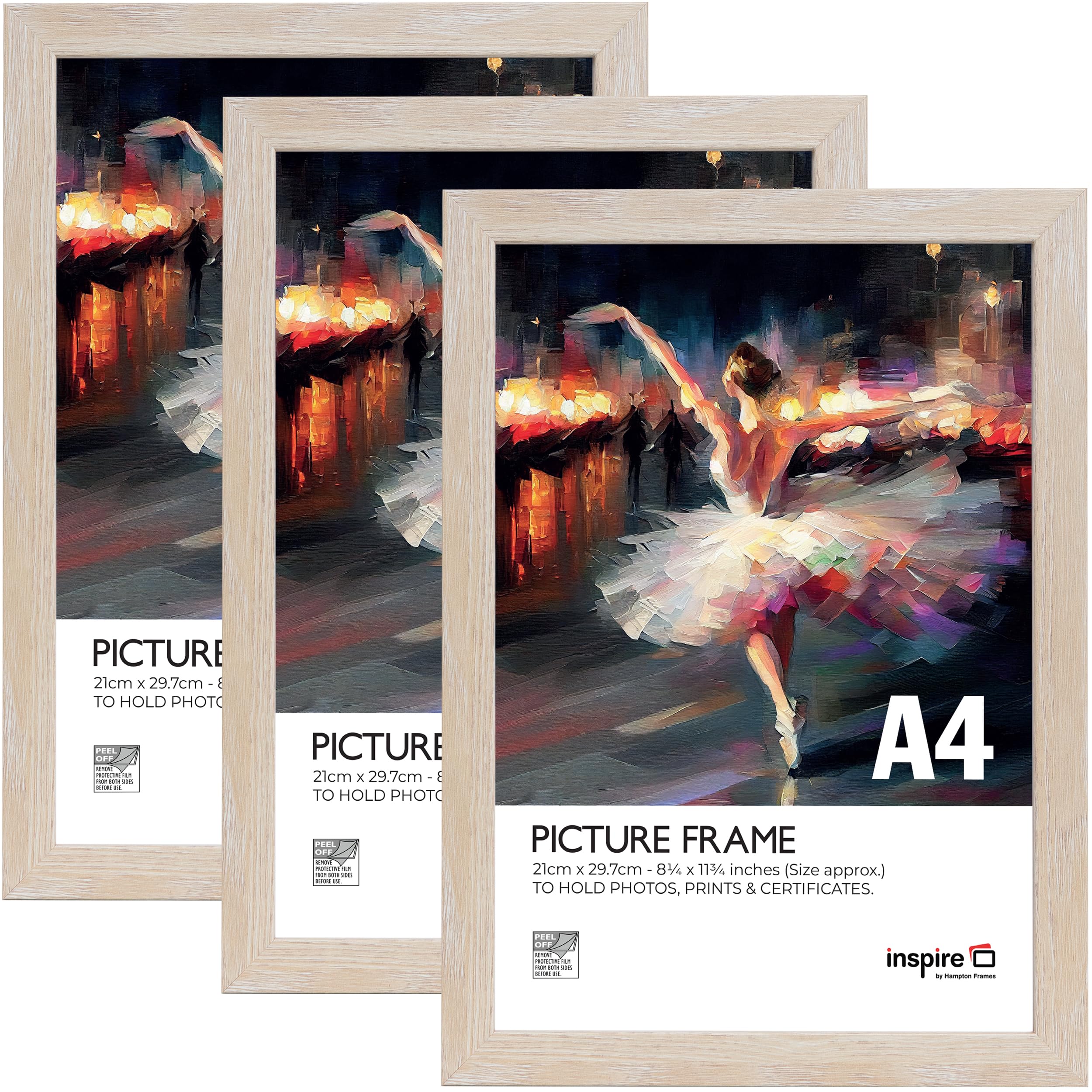 inspire by Hampton Frames | Picture Photo Frame Set | A4 (21x30cm), Natural Wood Effect, 3-Pack, Acrylic (Non-Glass) | Lightweight, Shatter-Resistant, Rectangular | For Home Décor