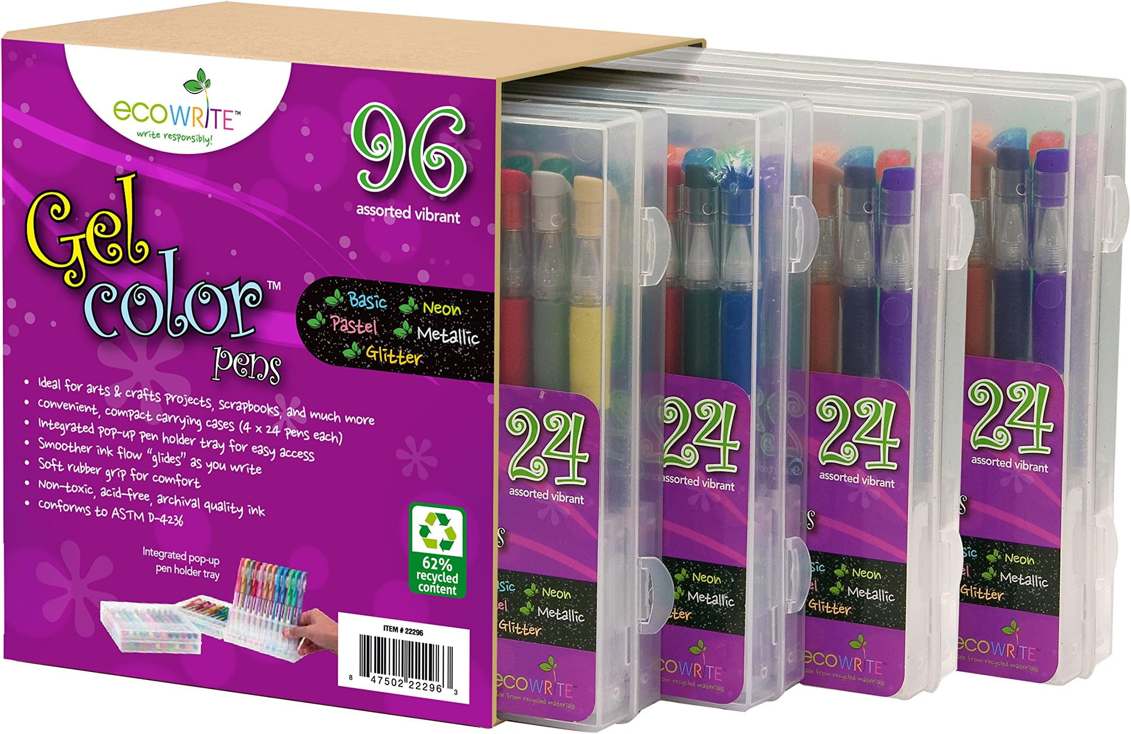 ecoWRITE Gel Color Pens, Pack of 96 (22296)