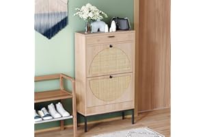 Yechen Shoe Rack Storage Organizer with 2 Natural Semi-Circular Rattan Doors, Entryway Wooden Shoe Cabinet for Sneakers, Leather Shoes, High Heels, Slippers (1 Piece, Oak)