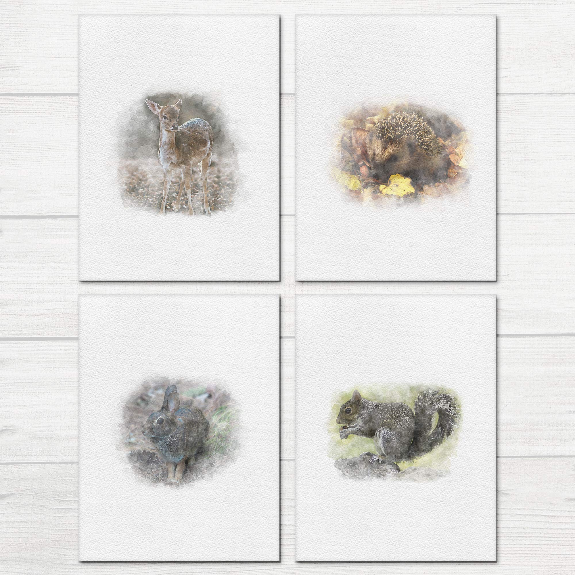 A&M Natural Living Woodland Animal Prints, Set Of 4 Watercolour Style A4 Animal Prints For Nursery, Baby Girl Boy Bedroom Living Room Posters, Wall Art Gift Present Deer Hedgehog Rabbit Squirrel Decor