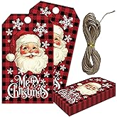 Merry Christmas Gift Labels with String, 2x3.5 Inches Red Black Buffalo Plaid Christmas Tags, 50PCS Xmas Name Gift Tags for Present Wrapping, Holiday Party Favor Decoration Supplies-C05