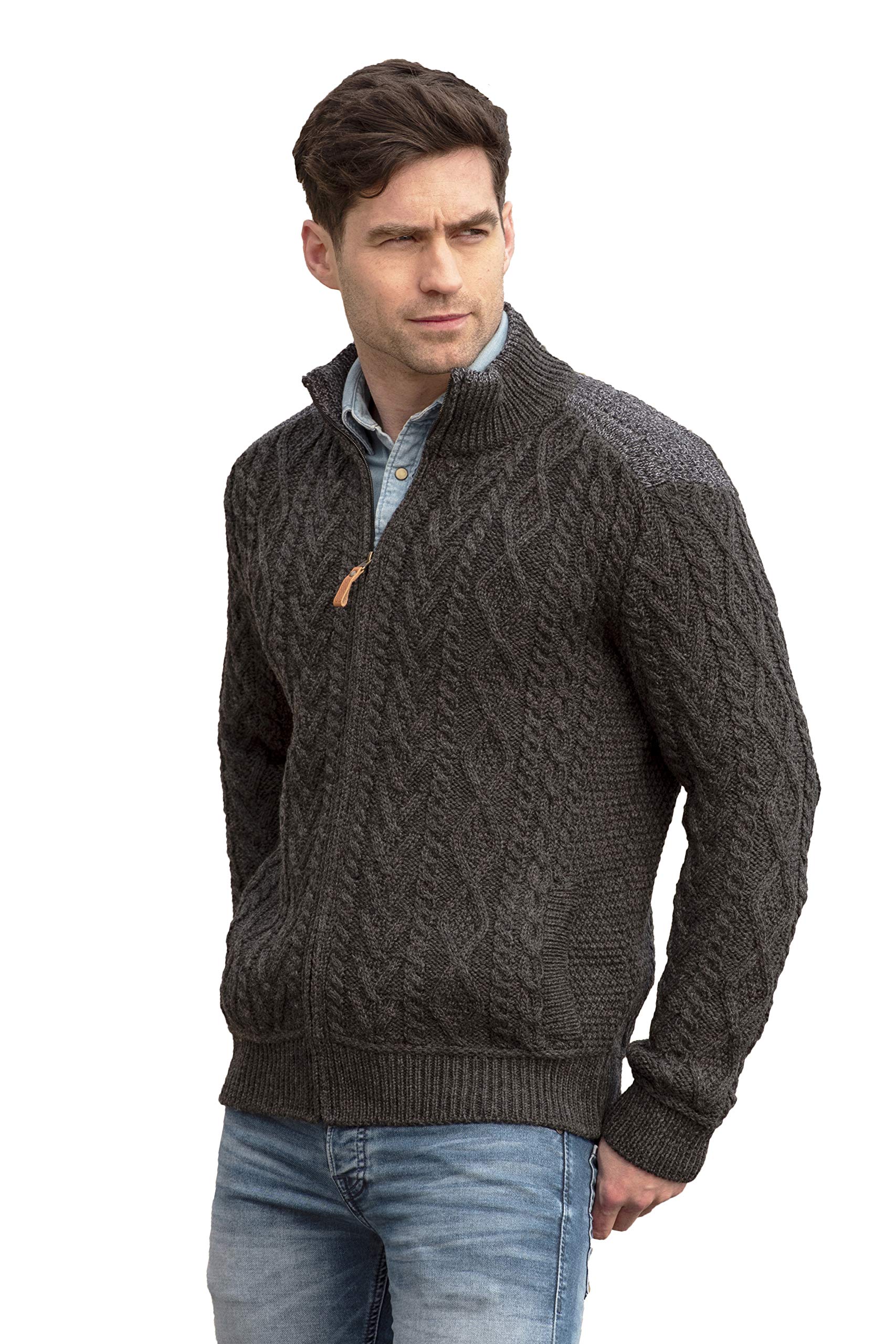 Photo 1 of (used) Aran Crafts Men's Cable Knit Shoulder Detail Zipped Cardigan (Z4624-LARGE-CHAR) Charcoal