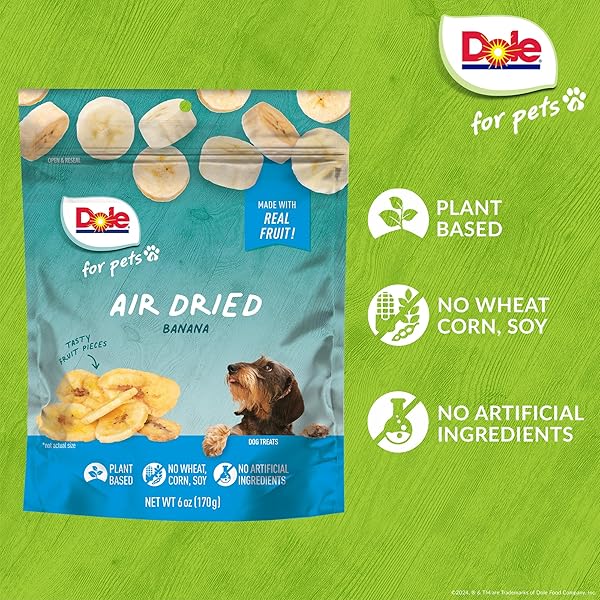 DOLE FOR PETS AIR DRIED BANANA DOG TREATS, SINGLE INGREDIENT DOG TREATS MADE WITH REAL BANANA, NO WHEAT, CORN, SOY, ARTIFICIAL FLAVORS, COLORS, OR PRESERVATIVES, AIR DRIED BANANA CHIPS, 6 OZ