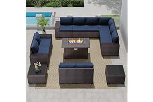 RTDTD Outdoor Patio Furniture Set with Propane Fire Pit Table, 13 Pieces Outdoor Furniture Patio Sectional Sofa Conversation Sets w/ETL Approved 43" Gas Outdoor Fire Table & Coffee Table(Dark Blue)