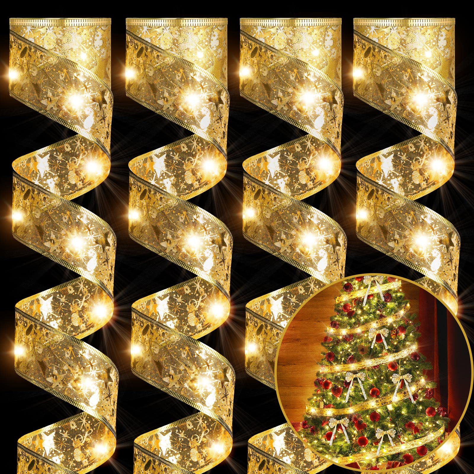 Photo 1 of Sherr 4 Pcs 79ft Christmas Ribbon Lights Christmas Tree Decorations 240 LED Lights Fairy Lights Xmas Ribbon Battery Powered Operated Indoor String Lights Holiday Party Decoration(Gold)