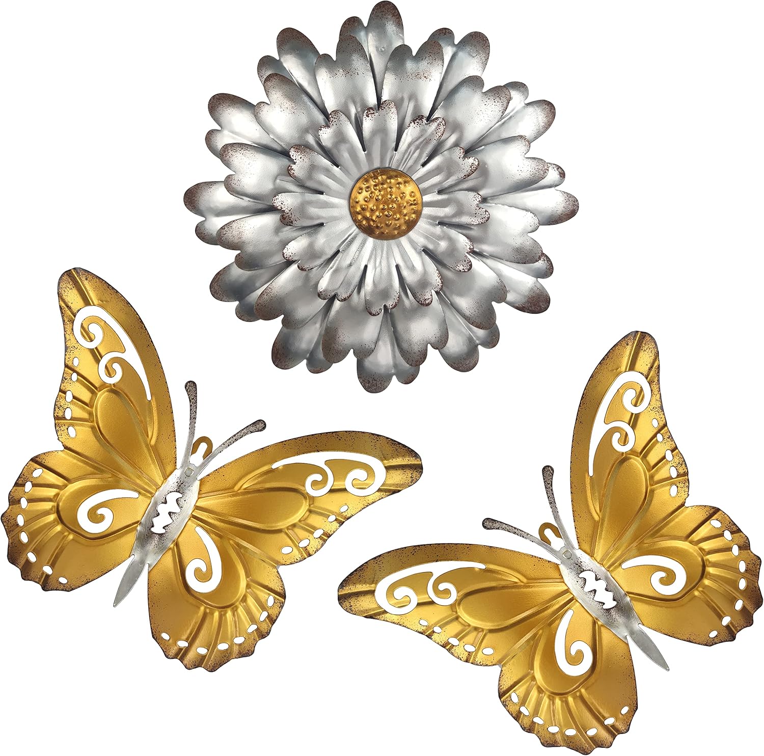 Plaques & Wall Art - JOYBee 3Pcs Metal Flower With Butterfly Wall Decor - Wall Art Decorations Flower With 2Pcs Butterfly Spring Yard Garden Decor Hanging for Bedroom, Living Room, Bathroom,Office