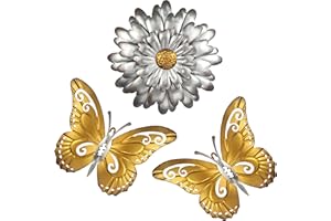 JOYBEE HOME&GARDEN JOYBee 3Pcs Metal Flower with Butterfly Wall Decor - Wall Art Decorations Flower with 2Pcs Butterfly Spring Yard Garden Decor Hanging for Bedroom, Living Room, Bathroom,Office