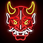 LED Neon Devil Mask Wall Sign, Japanese Hannya Mask Neon Sign for Wall Décor,Red and Yellow, Decorative Light Art,Dimmable LED Neon Tattoo Studio Sign - USB Anime Demon Art Light for Man Cave