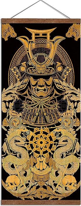 WEROUTE Warrior’s Dreams Canvas Wall Art Print Poster Armored Helmet Samurai Spirit with Scroll Wood Framed Ready to Hanger Home Karate Hall Sushi Restaurant Decor 16”x35”