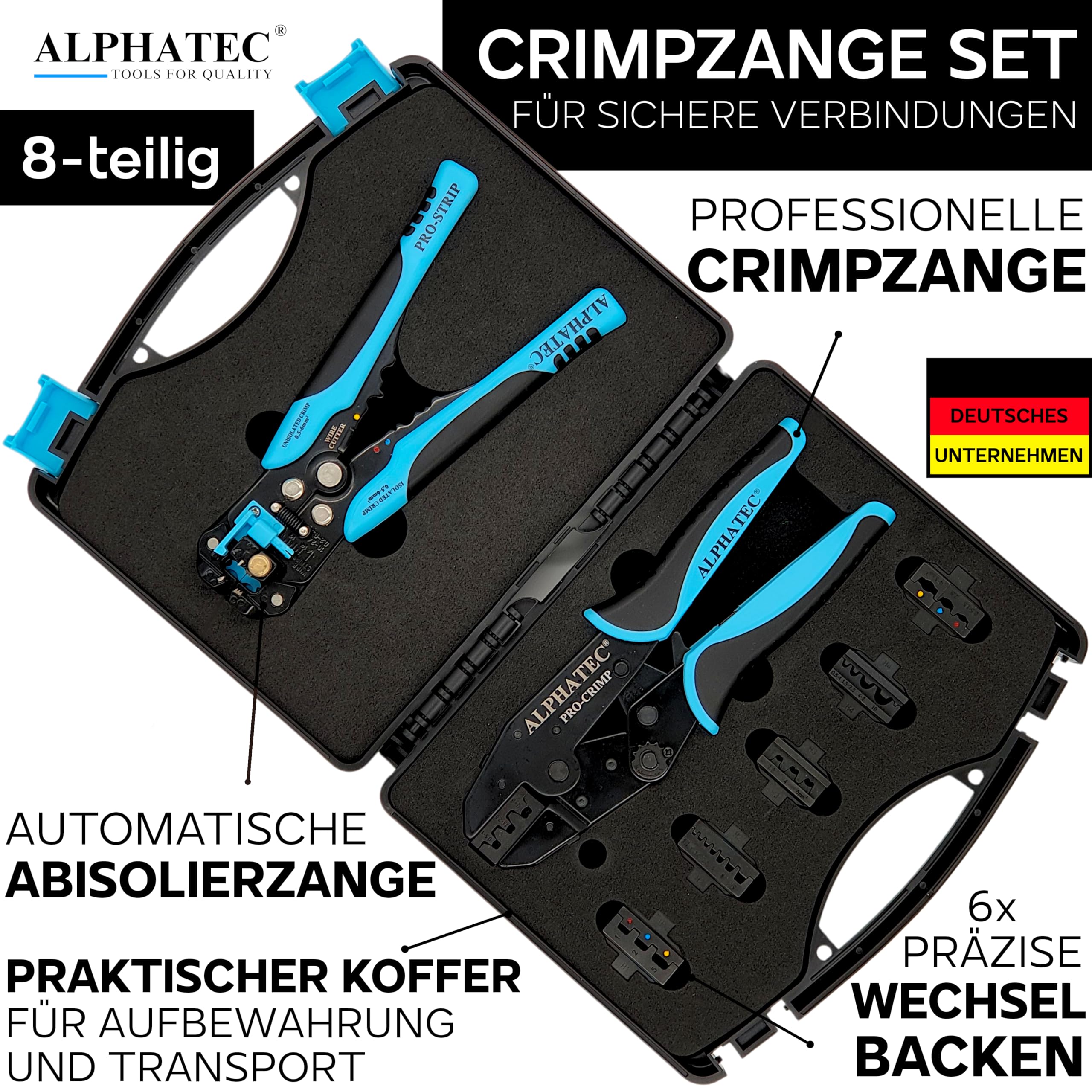ALPHATEC® Crimpzange Set mit Wechselbacken inkl. automatische Abisolierzange - [0,25-10mm²] - Crimpzange Kabelschuhe, Aderendhülsenzange, Flachstecker, MC4 Zange PV Solar - Krimpzangenset 8-teilig 2