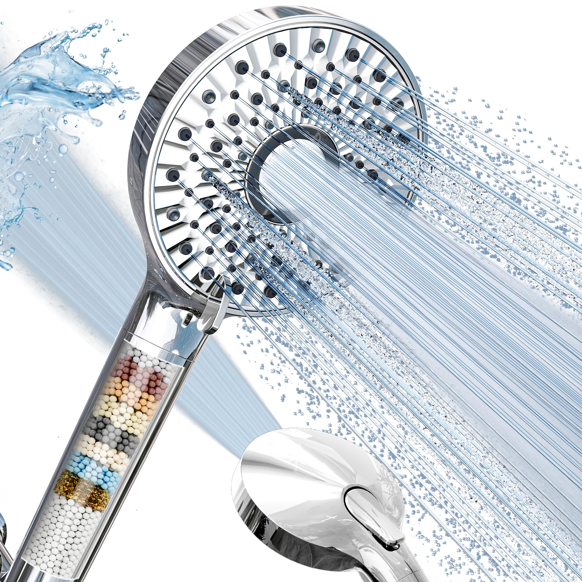 Magichome Filtered Shower Head with Handheld, 10-Mode Adjustable Detachable Chrome Showerhead w/Stainless Hose, Water Softener Filter Beads for Hard Water - Remove Chlorine, Reduce Dry Itchy Skin