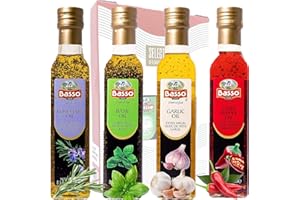 BASSO 1904 Infused Extra Virgin Olive Oil Gift Box Set, First Cold Pressed, Variety Pack, 4 bottles x 8.5 fl.oz (250ml), Naturally Infused for Dipping & Tasting, (Gift Box Included), Chili, Garlic, Basil, Rosemary, BASSO1904