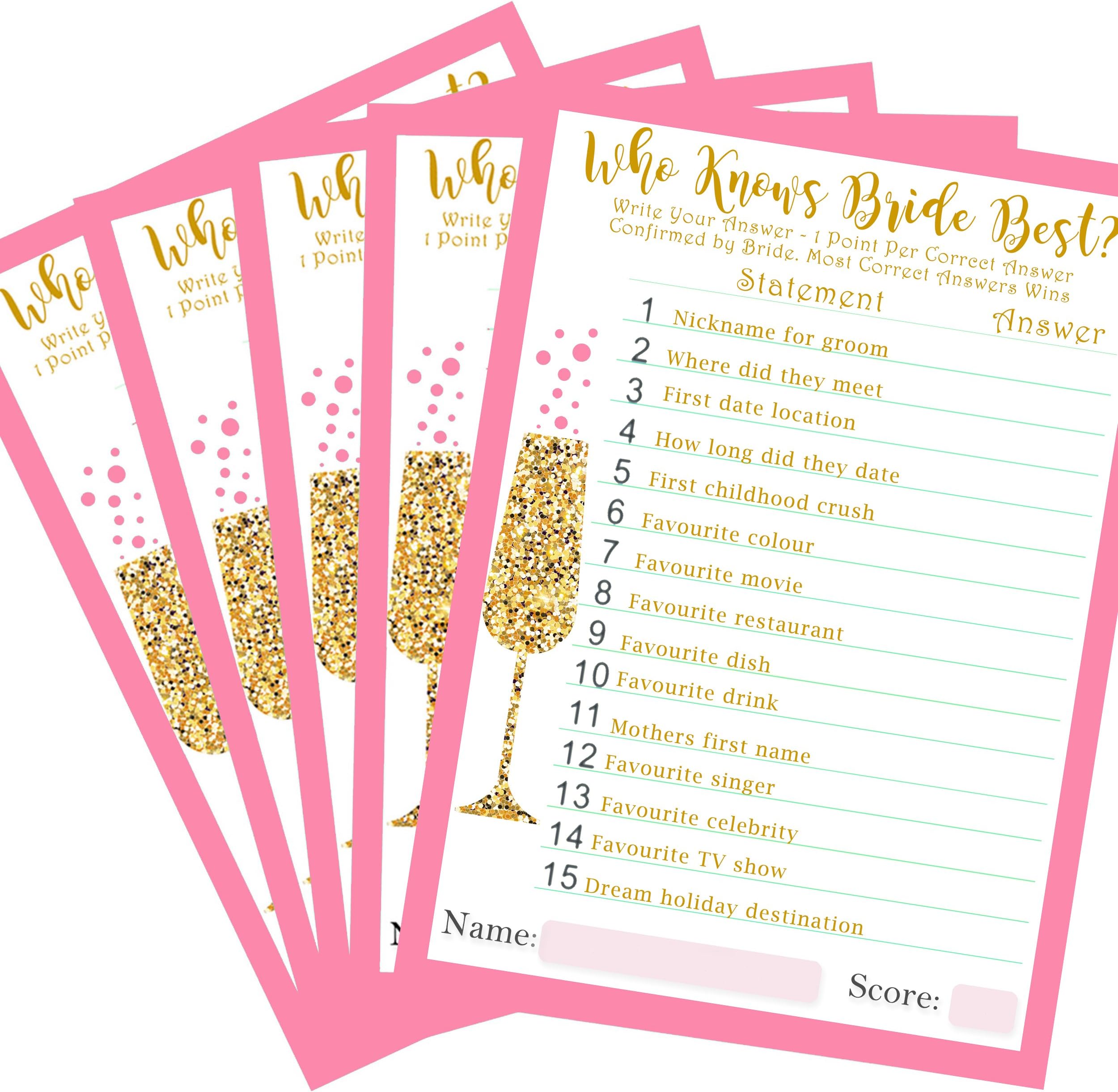 20 Who Knows Bride Best and Hen party Challenges 2 in 1 Hen Party Game - 'Rose Pink' 20 x A5 Sheets. Hen Party Game if play on a night out on a hen do or bridal shower with the bride to be.