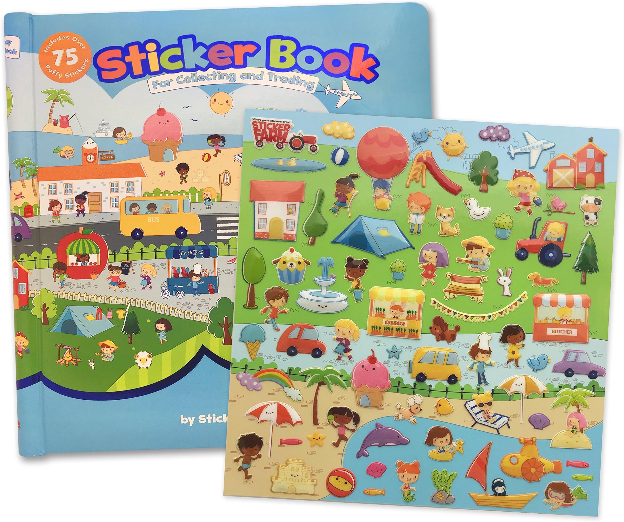 Sticker Farm Happy Day Series Large (10 x 10.5 in) Reusable Sticker Book for Collecting Stickers, Starter Activity Sticker Album with 75 Premium Reusable Puffy Stickers