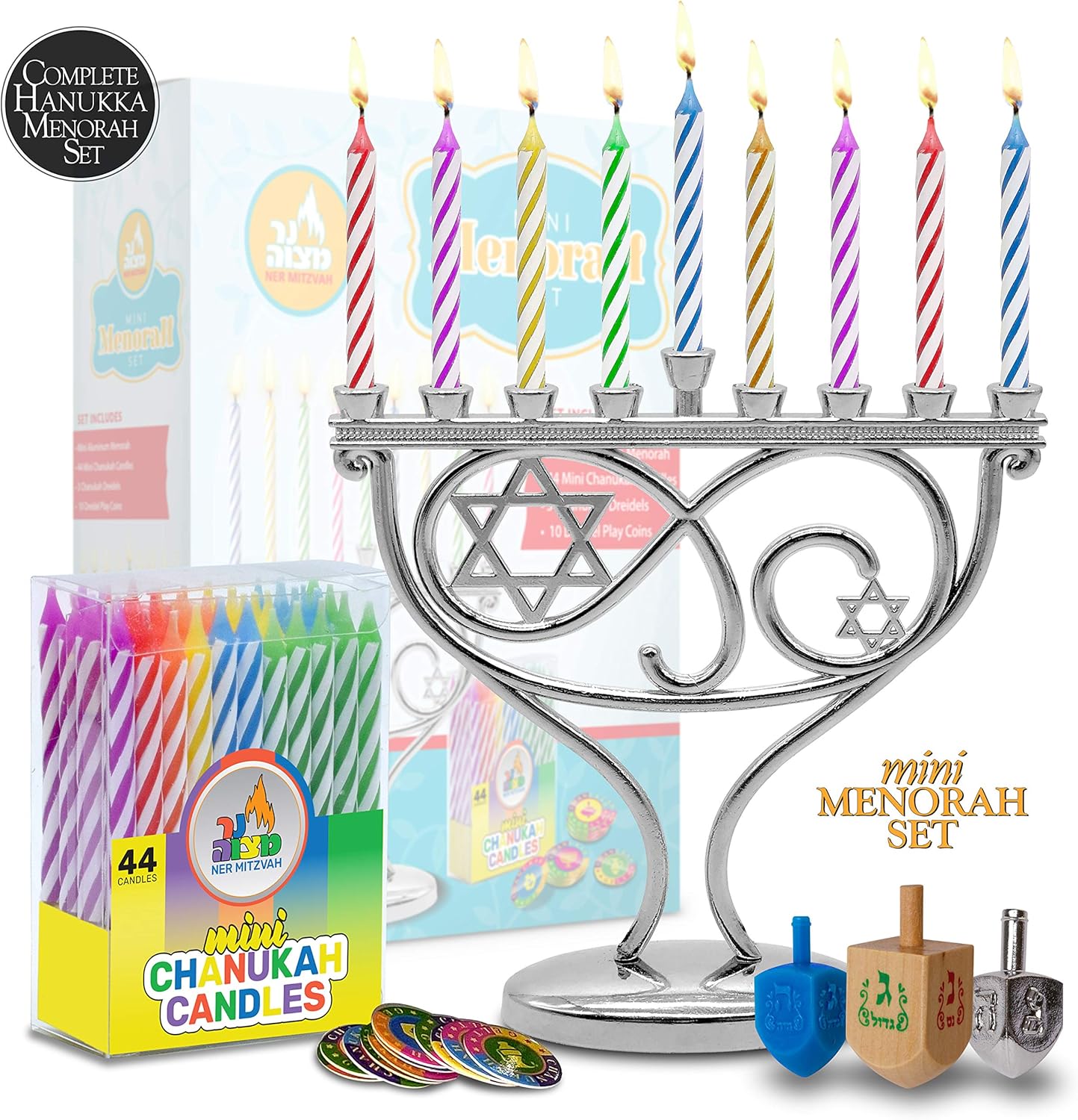 Ner Mitzvah Mini Menorah Set - Menorah, 44 Mini Candles, 3 Dreidels, Play Coins