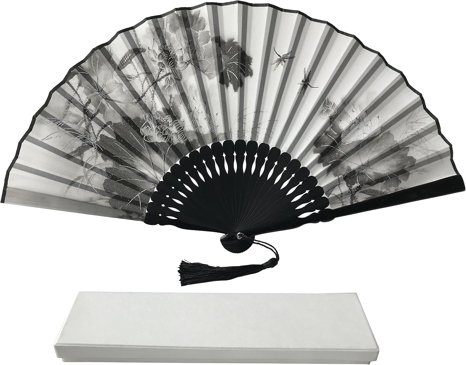 FANSOF.FANS Ink Art Handheld Folding Fan with a Handcrafted Box Fabric Pouch for Women Girls Black and White with Silver Touch Up Durable Folding Fabric Hand Fan (Dragonflies)