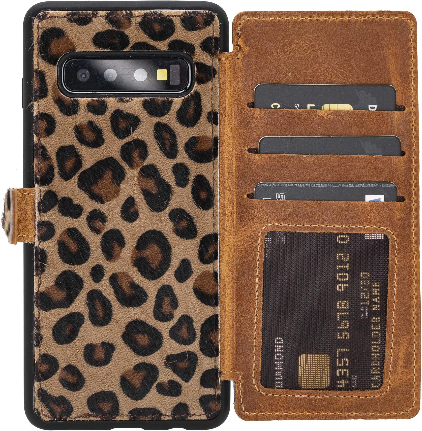 Venito Verona Leather Slim Wallet Case Compatible with Samsung Galaxy S10 (6.1 inch) - Snap On Flip Back Cover - RFID Protection - Furry Leopard