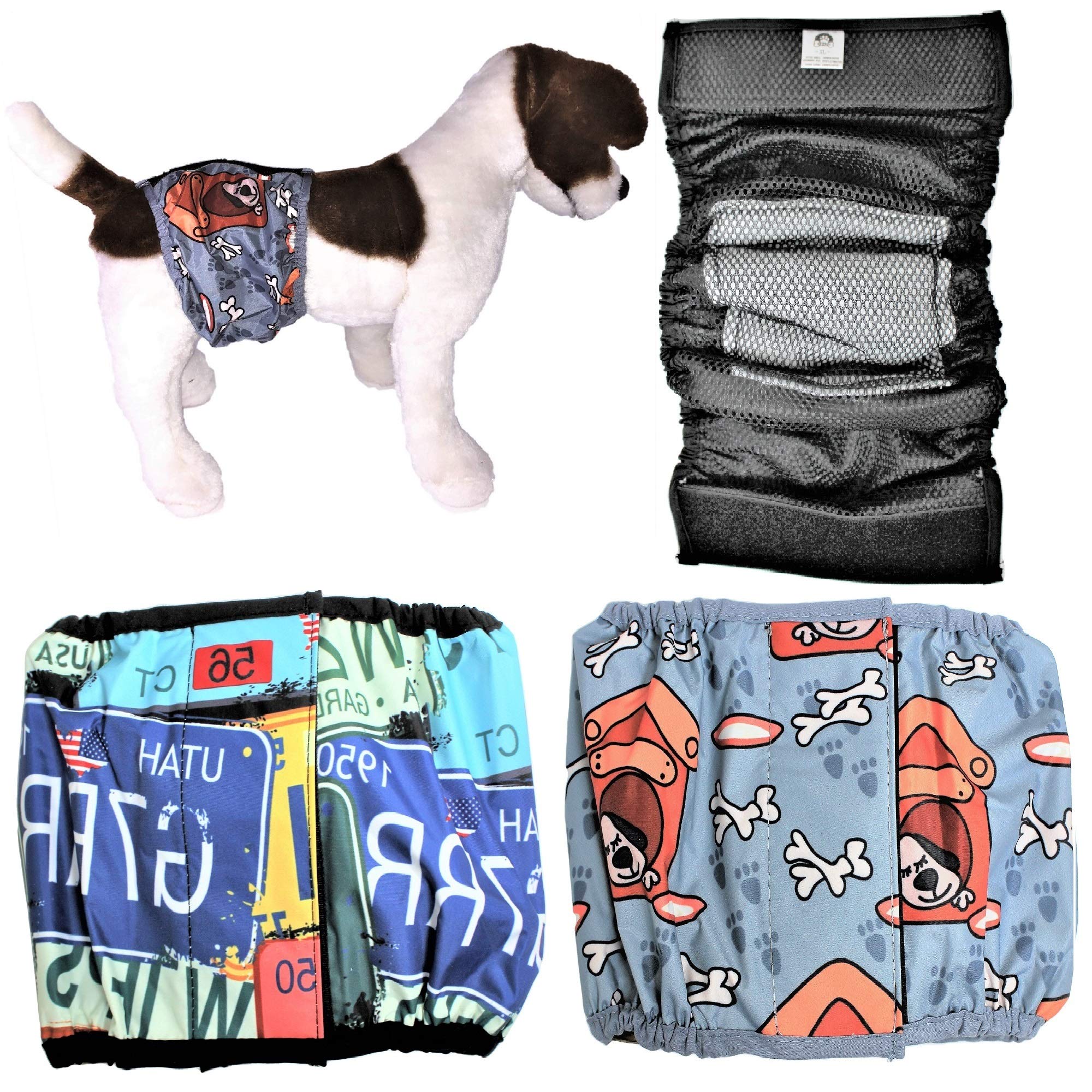 FDC Leak Proof Waterproof Diapers Dog Belly Band Male Wrap Washable Reusable Absorbent Pad Lined for Small Medium Large Pets Black (S: Waist 10" - 12", Pack of 2 Gray & Retro)