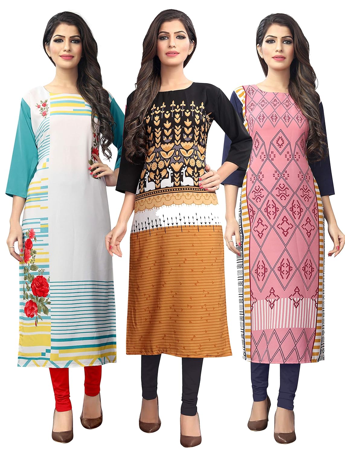 1 stop fashion women's multi-coloured crep knee long w style printed kurtas/kurti (pack of 3)
