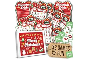 WOODAMORE Jeu de bingo de Noël pour grand groupe – 25 cartes de bingo de Noël pour adultes, jeux de Noël amusants pour fête d
