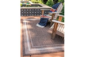 Unique Loom Outdoor Border Collection Area Rug - Soft Border (9' x 12' Rectangle, Brown/ Ivory)