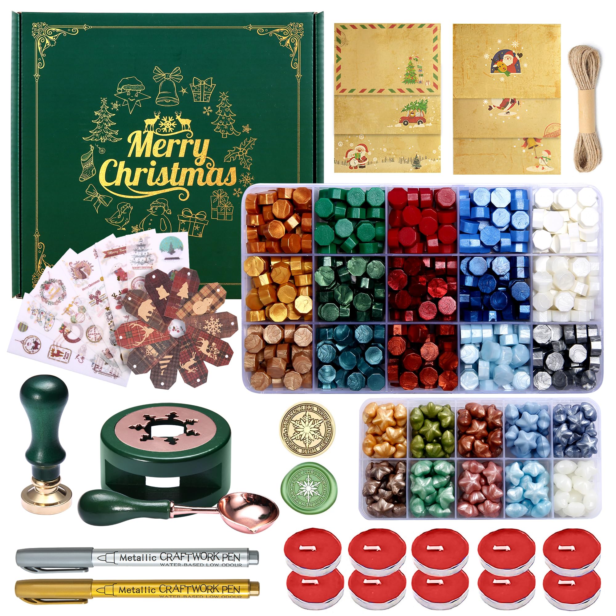 Comealltime Christmas Wax Seal Kit with Snow Wax Seal Stamp, 25 Colors Wax Seal Beads with Sealing Wax Warmer, Xmas Washi Stickers, Gift Tags, Envelope, Candle, Wax Seal Stamp Kit for Gift and Craft