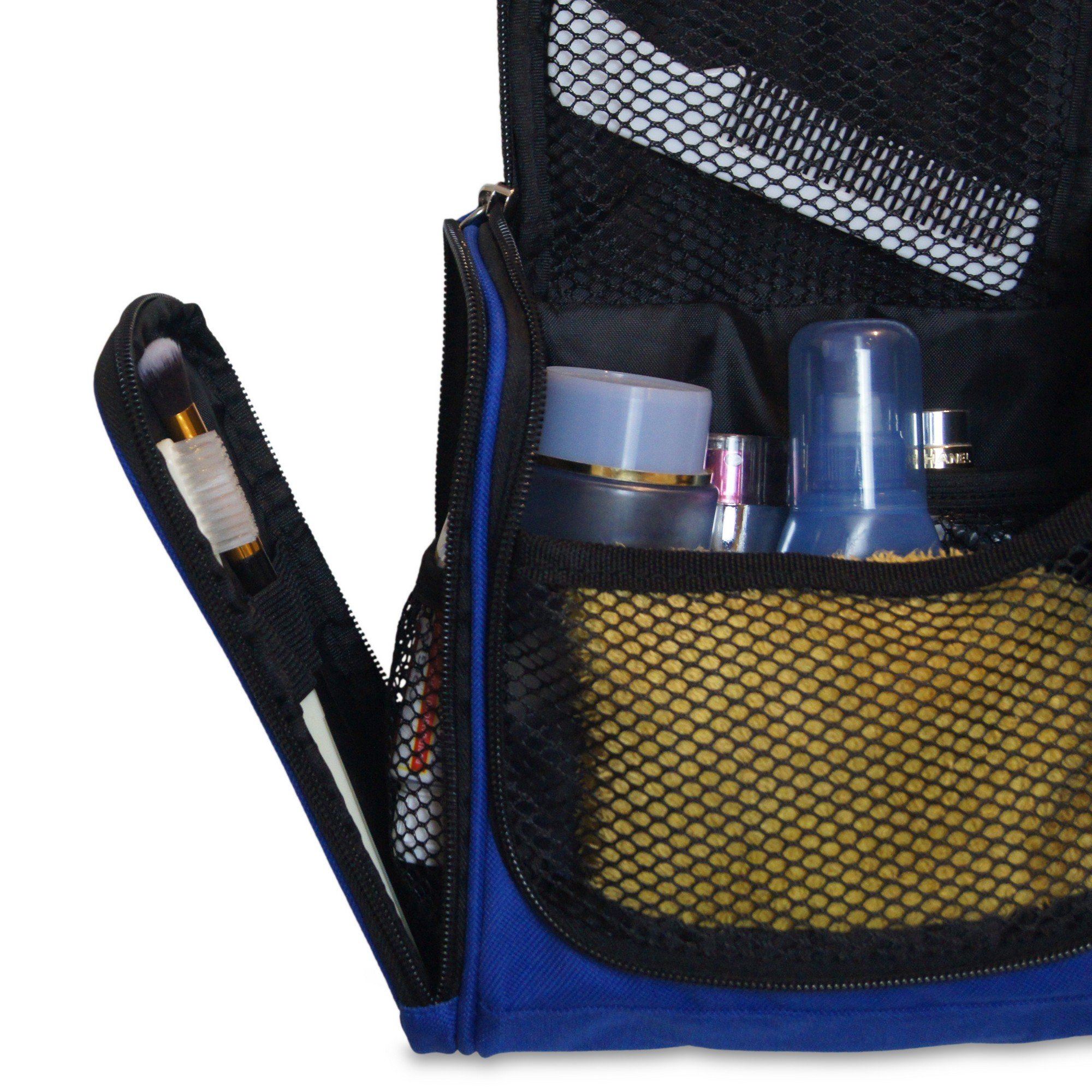 Petite trousse de toilette premium, ultra spacieuse | Kit de voyage compact avec crochet, pour hommes/femmes | Sac de toilette résistant à l'eau (bleu)