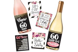 HADLEY DESIGNS 6 60th Birthday Wine Bottle Labels or Stickers Present, 1961 Bday Milestone Gifts For Her Women, Cheers to 60 Years Funny Sixty Chic Pink Black Gold Party Decoration Centerpiece Supplies For Wife, Mom