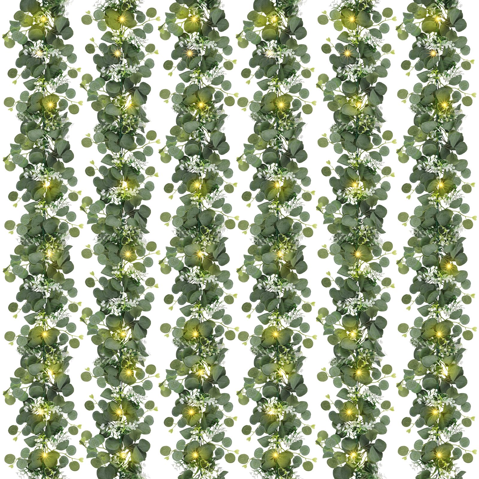 Photo 1 of N&T NIETING 6 Pack Artificial Eucalyptus Garland with Lights, 6FT Artificial Greenery Garlands, Battery Operated Twig Vine for Room Stairs Mantle Wedding Holiday Decoration Indoor Outdoor
