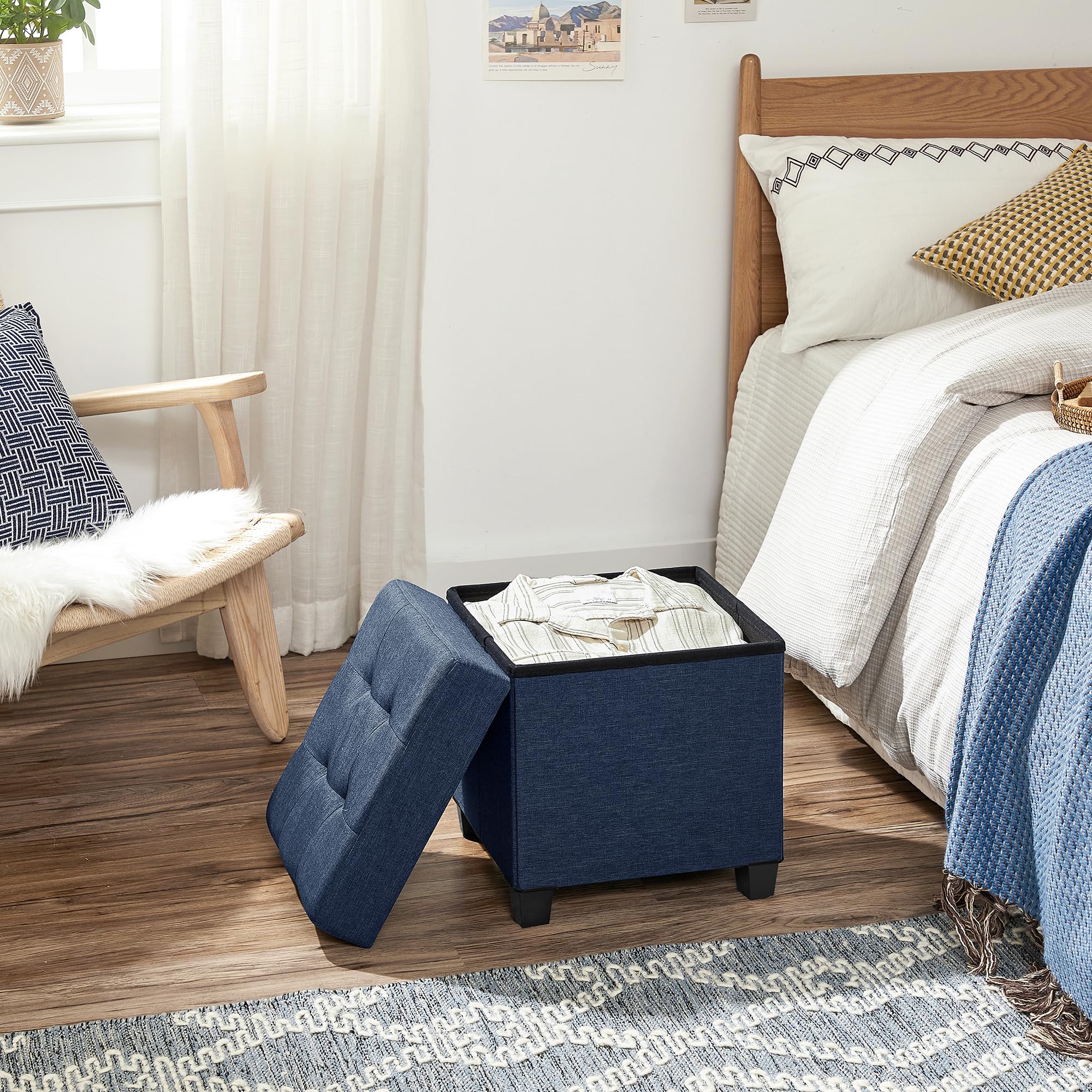 SONGMICS Storage Ottoman, Small Ottoman Foot Rest with Legs, 15 x 15 x 15.7 Inches Foot Stool, Ottoman with Storage, Load up to 660 lb, for Living Room, Bedroom, Dorm, Midnight Blue ULSF14IN