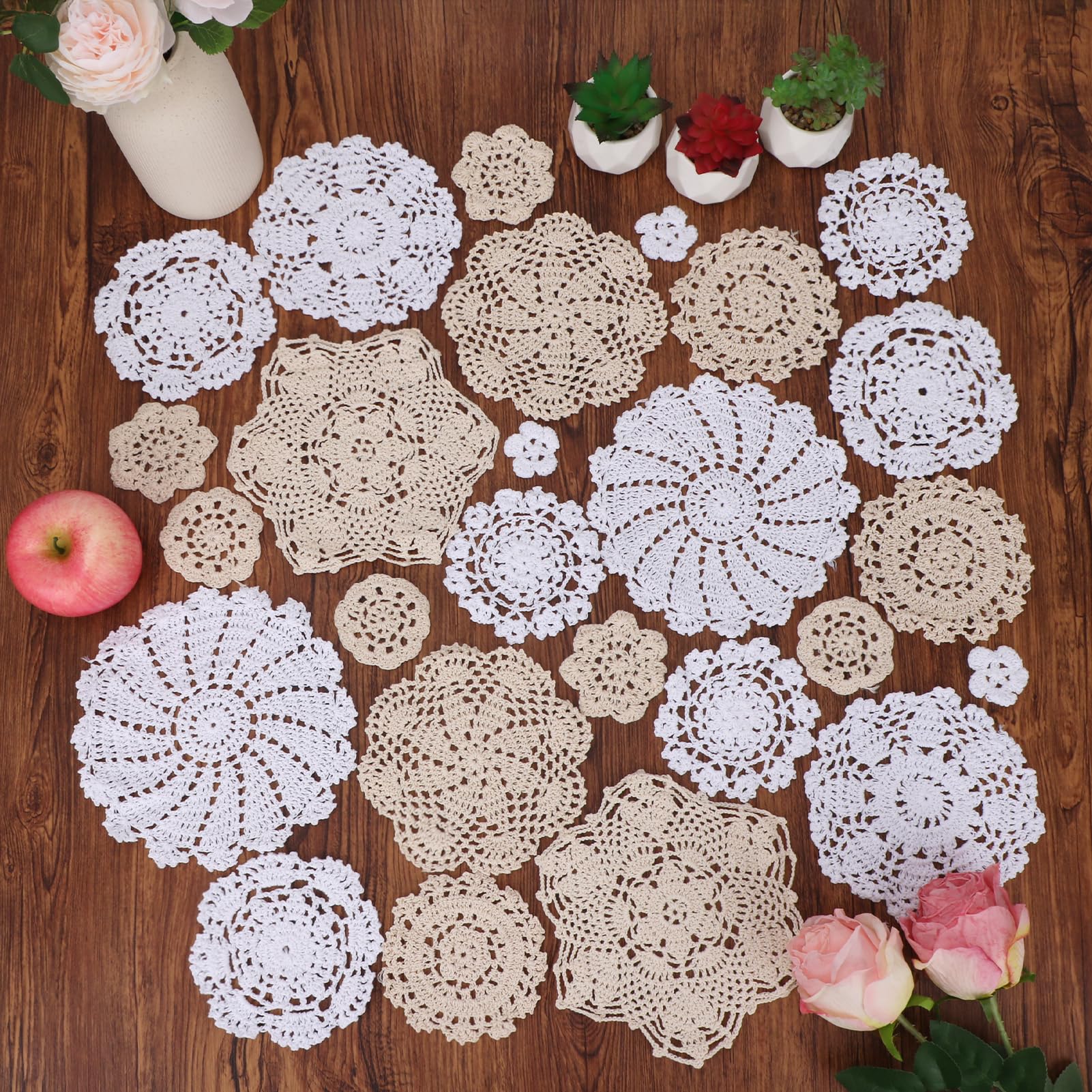 kilofly 26 pcs Cotton Crochet Coasters Doilies 1.8"-7.5" Handmade White Beige Placemats