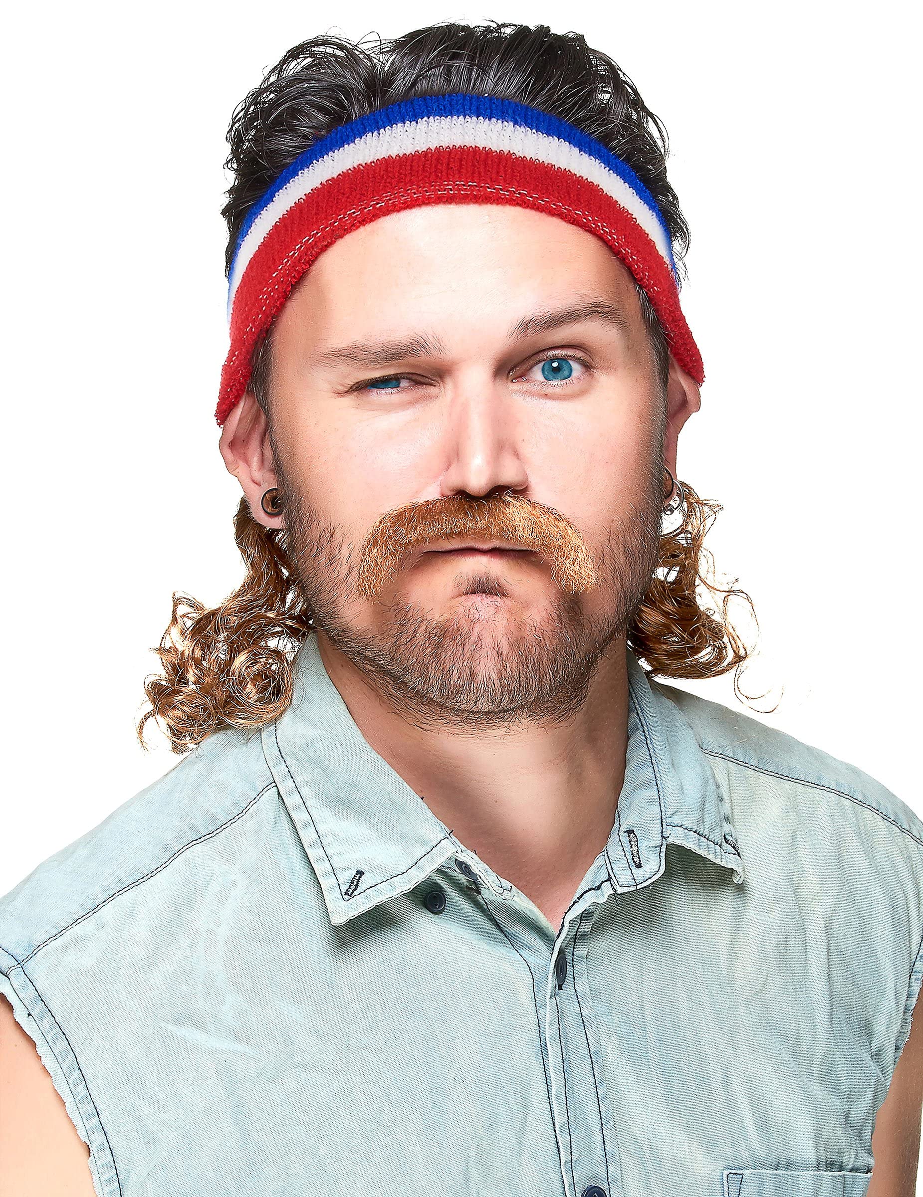 Vegaoo Mullet plus moustache red, white + blue