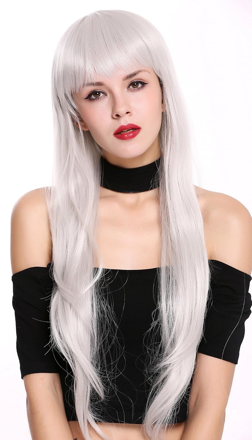 WIG ME UP - S000D75-MD60 Lady Quality Wig Cosplay long fairytale style fairy bangs fringe grayish white, White-gray (MD60)