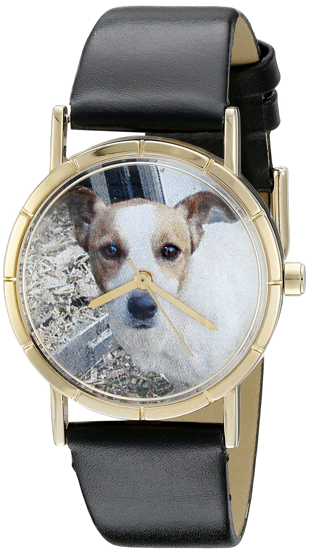 Whimsical Watches Jack Russel Black Leather and Goldtone Photo Unisex Quartz Watch with White Dial Analogue Display and Multicolour Leather Strap P-0130048