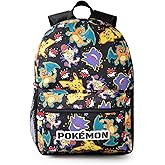 Pokémon Pikachu Charizard Gengar Meowth Backpack in Black | Kids Character All Over Print Bag | Adjustable Shoulder Straps