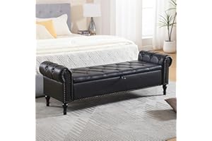 HOMYKA Leather Storage Bench 67 Inch Upholstered Tufted Ottoman Bench with Arms King Size End of Bed Bench for Bedroom Living Room Entryway Black