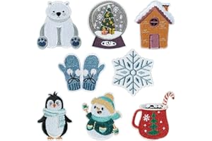 Kirako 8 Pcs Winter Themed Iron on Patches Winter Wonderland Snowflakes Christmas Sew on Embroidered Applique Repair Patch Seasonal DIY Crafts Accessories Gifts for Clothing Jacket Backpack Hat Shoes